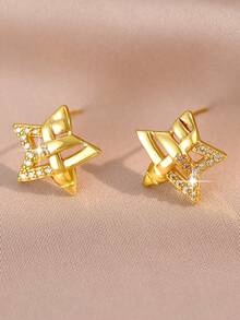 1 par de Brincos com Zircônia Cúbica em Estilo Coreano com Desenho de Estrelas, Joia Presente de Amizade para Uso Diário e Festivais, para Meninas/Adolescentes - Amarelo - Visão 9