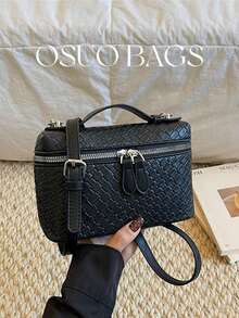 1pc Spring/Summer New PU Leather Woven Texture Square Handbag, Woven Design Dual-Zipper Closure, Fashion Minimalist Elegant Versatile Box Bag Suitable For Commuting, Office, Dating, Daily, Shopping - Black - View 10