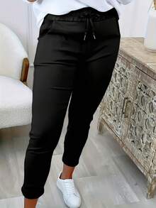 Women's Black High Waist Drawstring Jogging Pants, Elastic Casual Slim Fit Trousers With Pockets, Suitable For Commuting - Black - View 3
