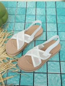 1双女士白色网眼装饰面料高弹透气减震防滑耐磨圆头简约时尚沙滩风套脚泡沫平底凉鞋，适合3-15岁女孩日常、居家、旅行、派对穿着，2026春夏新款泡沫凉鞋 - 白色 - 查看 2