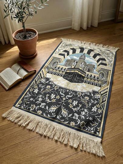 سجادة صلاة محمولة بشرابات | ناعمة وقابلة للغسيل، بنقش زهري أنيق، دانتيل عتيق، حجم كبير جدًا، للعبادة الدينية