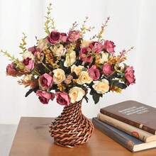 2 piezas/1 pieza Ramo de rosas azules artificiales de 13 pulgadas con hojas de eucalipto, decoración de otoño, flores falsas, relleno de jarrón, decoración de boda en el hogar, jardín al aire libre, corona DIY para sala de estar, suministros para el hogar - Color de pasta de frijol - Ver 1
