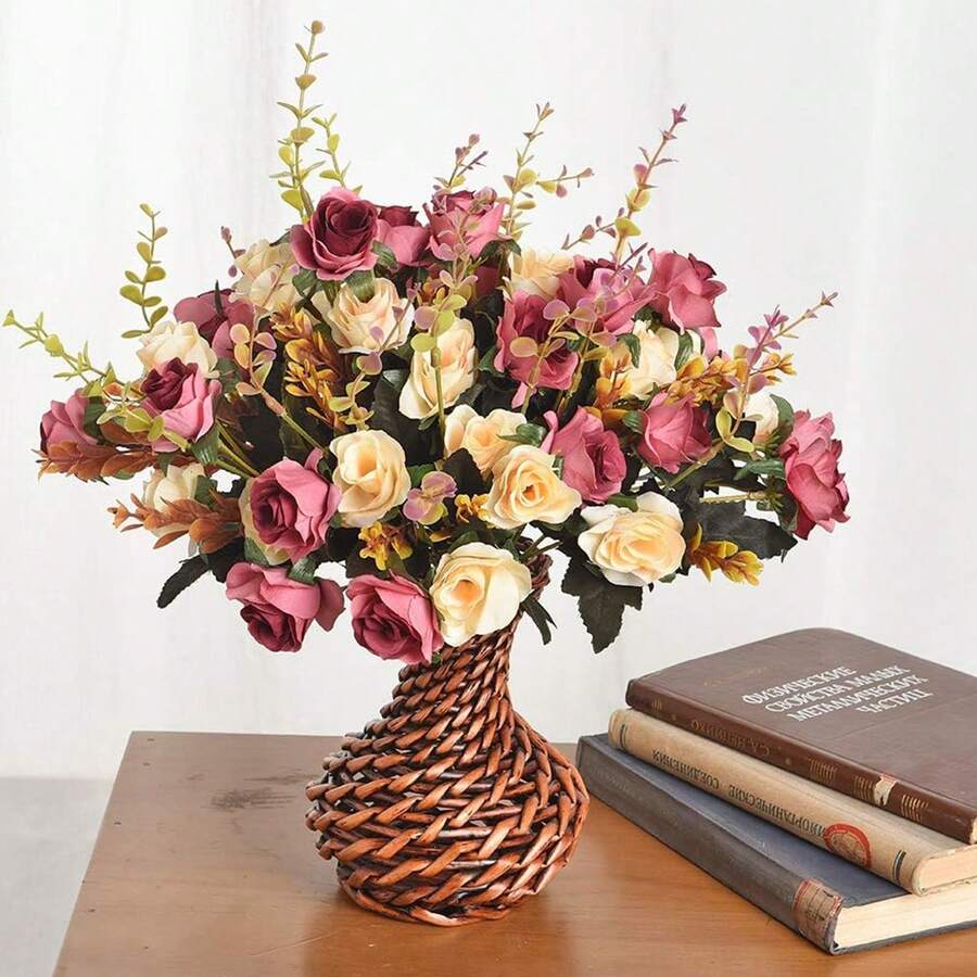 2 piezas/1 pieza Ramo de rosas azules artificiales de 13 pulgadas con hojas de eucalipto, decoración de otoño, flores falsas, relleno de jarrón, decoración de boda en el hogar, jardín al aire libre, corona DIY para sala de estar, suministros para el hogar - Color de pasta de frijol - Ver 1
