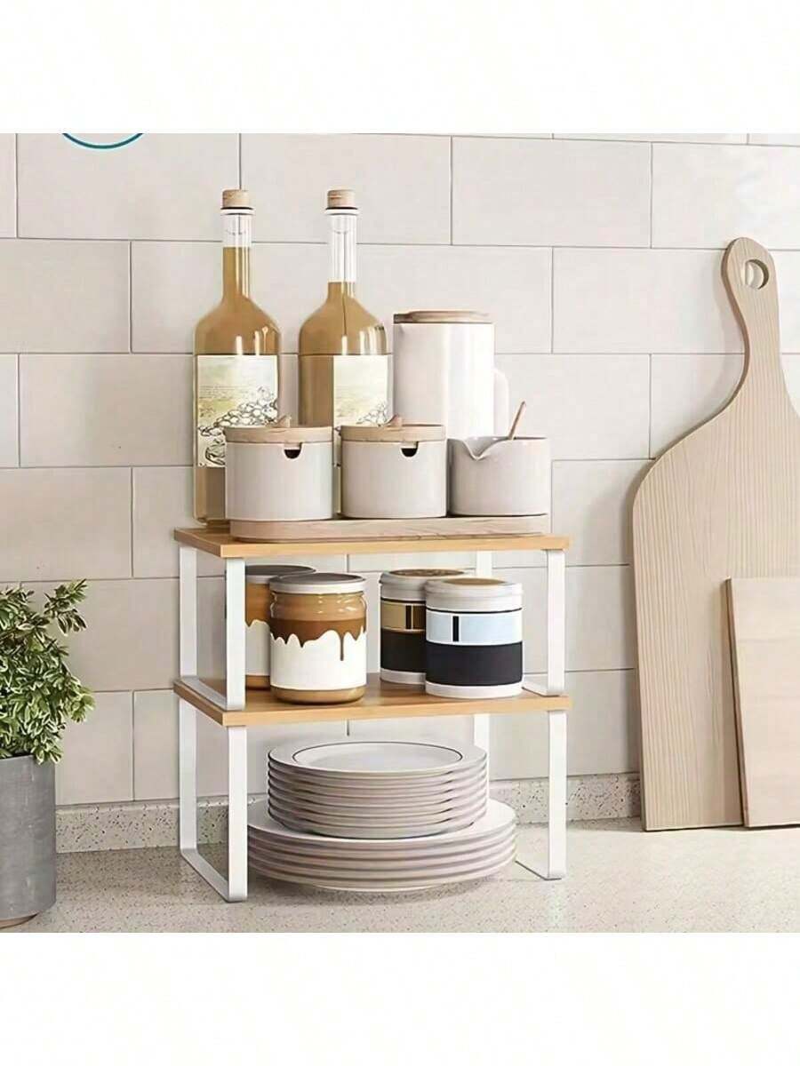 Spice Rack, Set Of 2, Cabinet Organizer, Expandable Kitchen Storage Rack, Metal And Engineered Wood Spice Rack, Ink Black And Natural Beige