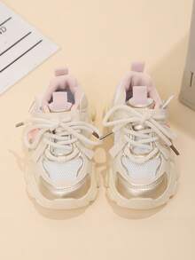 Girls' Fashion Sneakers, Low-Top Mesh Faux Leather, Breathable & Comfortable, Shock-Absorbing Tennis Shoes, Striped & Random Patterns, & Lace Closure, Suitable For Outdoor Activities, All Seasons, Casual & Hiking, Ages 14 & Under - Beige - View 2