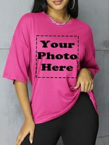 Custom Plus Size Women's Round Neck Short Sleeve Sports Top Summer - Hot Pink - View 1