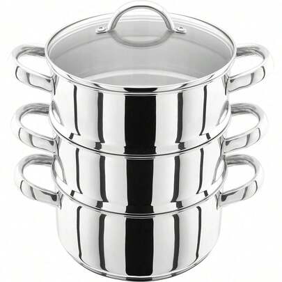 Stainless Steel 3 Tier Steamer Set With 20cm 1.6L Casserole, 2 Steamers And Lid, Induction Ready, Gift Boxed - 25 Year Guarantee