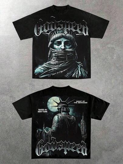 Godspeed Liberty Night Tee Men's% Cotton Y2K Style Graphic Tee - Soft Casual Crew Neck Short Sleeve, Black 5RFS