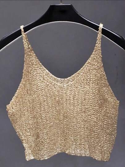 Gold Metallic Knit V-Neck Sleeveless Crop Top For Women, Semi-Sheer Medium Stretch Camisole, Stylish Summer Party Wear