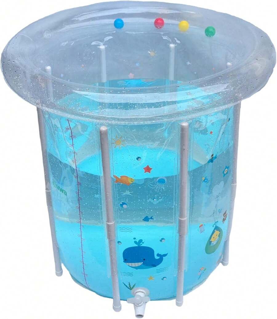 Piscina para niños 29.5x31.5in Piscina inflable para bebés Patrón de dibujos animados Natación para bebés con drenaje PVC sellado transparente Enfriamiento para niños pequeños para días calurosos - 1 - Ver 1