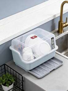 A Multi-Functional Tableware And Bowl Rack, A New Autumn/Winter Kitchen Storage Rack For Household Countertop Dishes With A Flip-Top Lid For Draining. Includes A Random Colored Lidded Dish Drainer, A Dustproof Kitchen Tableware Rack, And A Large-Capacity Household Organizer. - Multicolor - View 2