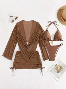 4pcs Sexy Solid Color Bikini Set With Sheer Cover-Up, Suitable For Vacation, Beach Party, Also Ideal For New Year And Valentine's Day, Exuding Elegance And Avant-Garde, Perfect Choice For Casual Women In Spring/Summer - 卡其色 - 查看 2