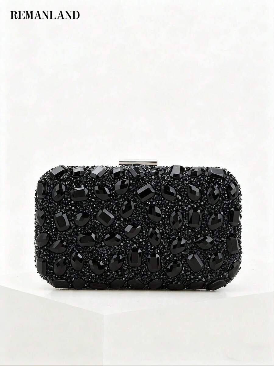 REMANLAND Asymetryczna akrylowa kopertówka wieczorowa z diamentami, do noszenia na ramieniu, z zapięciem na pasek, modna luksusowa torebka damska na co dzień, na imprezę, wesele, odpowiednia dla imprezowiczek i kobiet, na kolację/bankiet, sukienkę na przyjęcie świąteczne, urocza torebka z kryształkami, idealna na wesele, elegancka torebka ślubna, torebka imprezowa, odpowiednia na imprezę, wesele, bal, bankiet/galę, pasująca do sukienki wieczorowej, sukni wieczorowej i sukienki z cekinami - Czarne - Zobacz 1