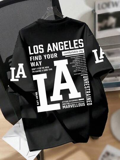 Teenager Boys' LA Slogan Print Round Neck T-Shirt, Soft Casual Tee Shirt For Summer, Streetwear And Holiday Style. Suitable For Boys And Girls, Everyday Wear, Can Be Gift For Family, Girlfriend, Friends. Comfortable Short Sleeve Pullover, Machine Washable, Daily Essential, Loose Fit, Suitable For Boys And Ladies, Streetwear Style