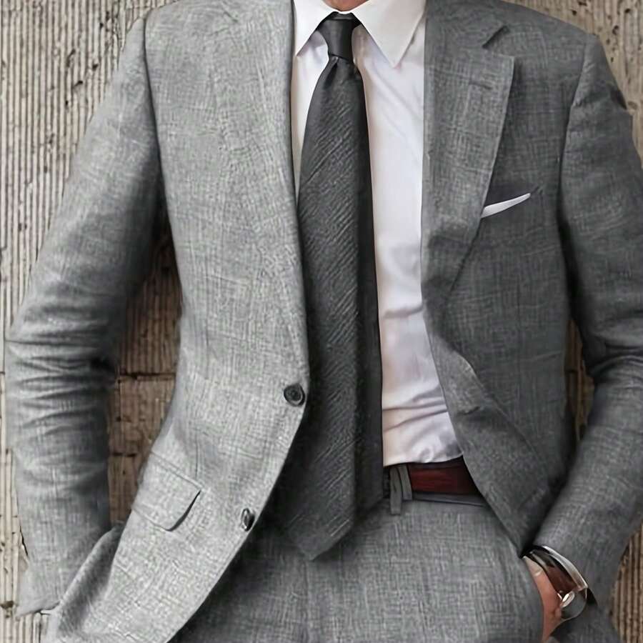 Men's 2pcs Linen Suit Summer Wedding Formal Party Events Tuxedo Suit Elegant Casual Working Business Suit 34S 36S 38S 40R 42R 44R 12.15gal - 灰色 - 查看 1