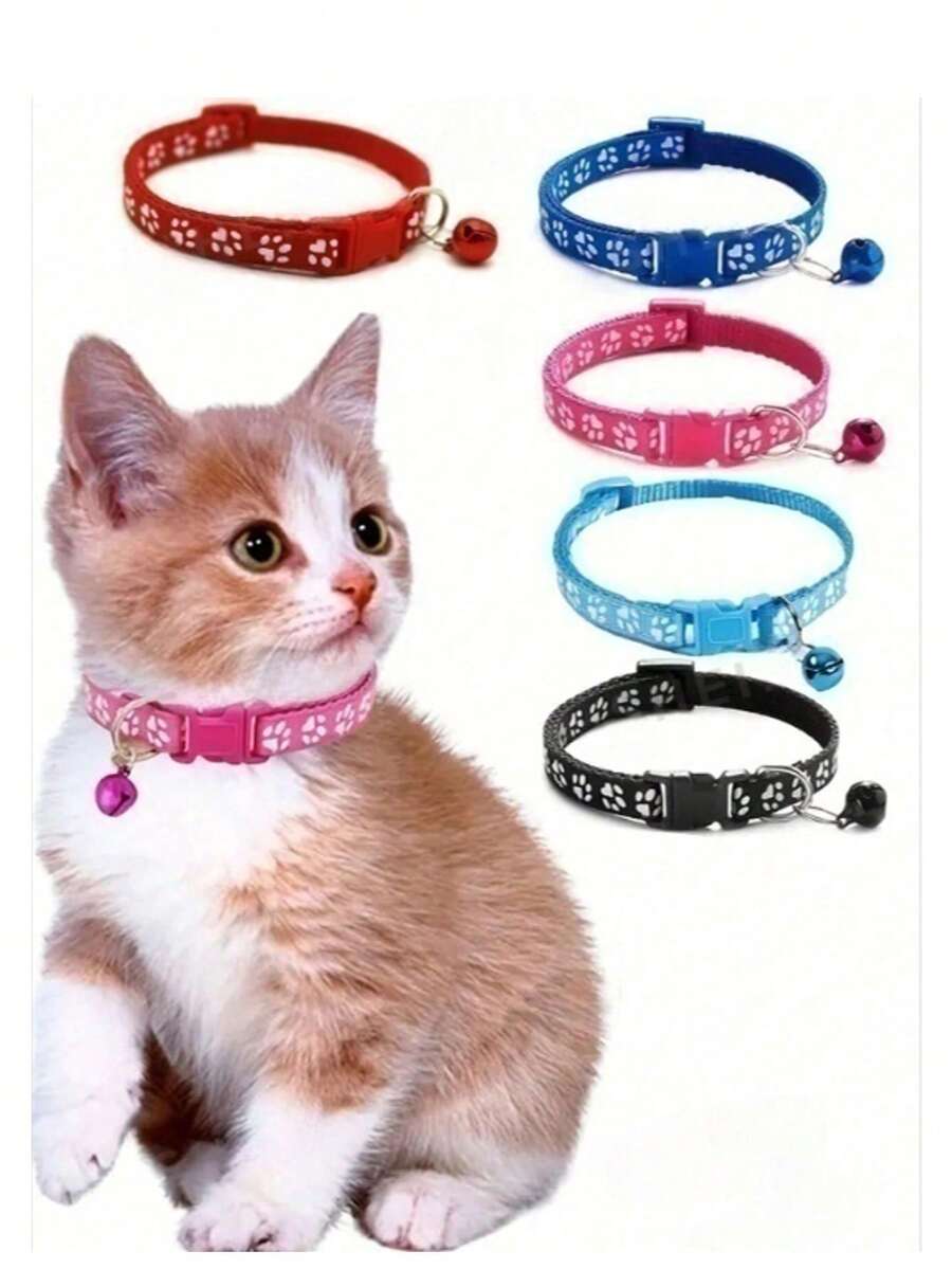 1pc Adjustable Pet Collar With Bell, Dog Collar, Single Paw Print Collar, Cat Buckle Collar, Pet Necklace, Pet Supplies Reflective Sticker Collar Set - Multicolor - View 1