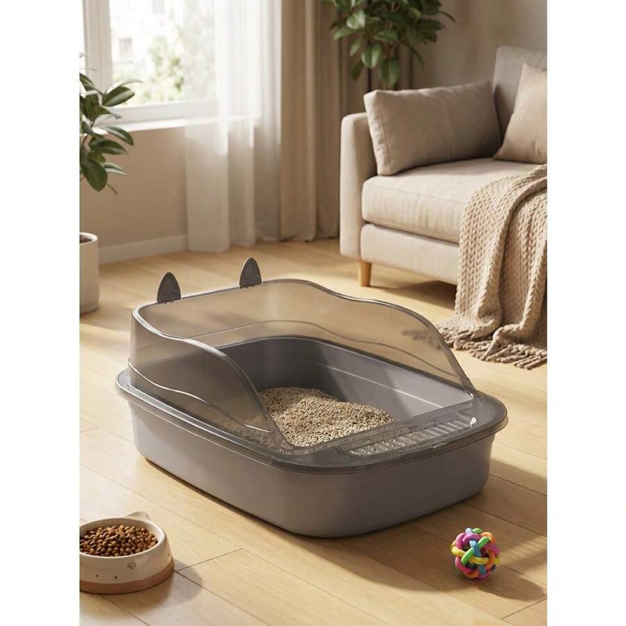 Gatitos+Barrera Alta Antisalpicaduras+Transparente+Estilo Minimalista+Hogar+Caja de Arena Gris - Unitalla - Ver 1