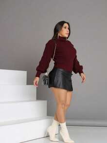 Cropped Knit High Neck Cacharrel Puff Sleeve - Burgundy - View 5