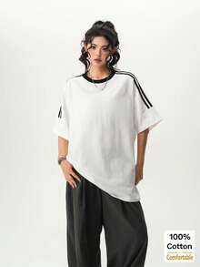 Áo thun ngắn tay dáng lửng thời trang dành cho nữ, mẫu mới Xuân/Hè 2026, kiểu dáng sọc tương phản. - trắng - Xem 5