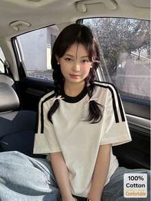 2026春夏新款短袖中长款T恤女装，时尚撞色条纹上衣 - 白色 - 查看 6