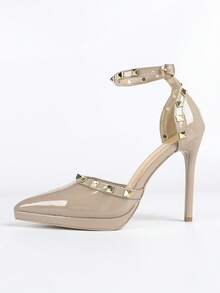 Women's Thick Sole Pointed Toe Studded High Heel Shoes, Sexy One-Strap Apricot Gorgeous Sandals, Spring/Summer 2026 New Arrival - Apricot - View 5