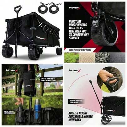 300L Festival Trolley On Wheels, Folding Wagon, Portable Camping Cart, Collapsible Foldable Trolly Beach Outdoor Garden Picnic Shopping Fishing, Wide Wheels, Adjustable Handl, Black