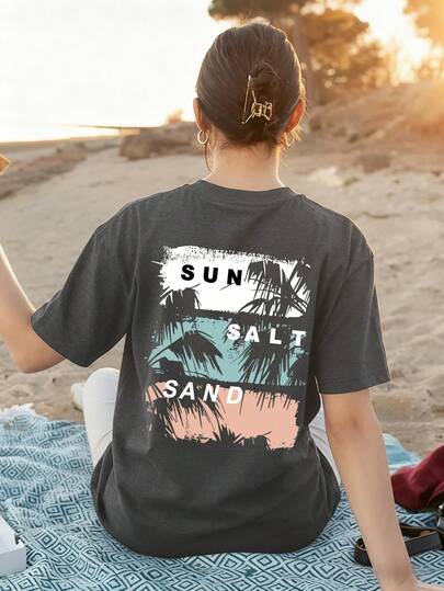 New Summer Women Simple Letter & Maple Leaf Sunset Print Round Neck Grey Short Sleeve T-Shirt, Fashionable And Versatile, Suitable For Women's Casual Daily Wear