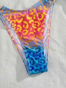 女士时尚两件式比基尼套装，星形装饰和豹纹印花高弹力沙滩装 - 藍紅色 - 查看 7