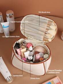 PU皮革旅行化妆包，轻便洗漱化妆品收纳包，化妆袋，手持化妆包，大容量多功能收纳包，带隔层的化妆工具包 - 彩色 - 查看 5