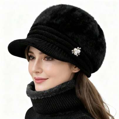 1顶女士冬季针织帽，适合中年妈妈——雷克斯兔毛内衬保暖帽檐，奢华柔软防风，日常/户外活动皆宜，完美的节日礼物
