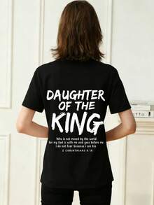 女士夏季圆领短袖T恤，印有“King's Daughter”和“Faith”英文字母，适合办公室、日常、约会、派对、街头、嘉年华、音乐节、情人节等场合穿着。性感宽松上衣 - 黑色 - 查看 2