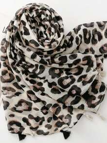 1pc Women's Leopard Print Scarf, Artistic Grey Tone Long Shawl With Tassels, Soft Cotton Linen Feel, Travel Accessory - Multicolor - View 7