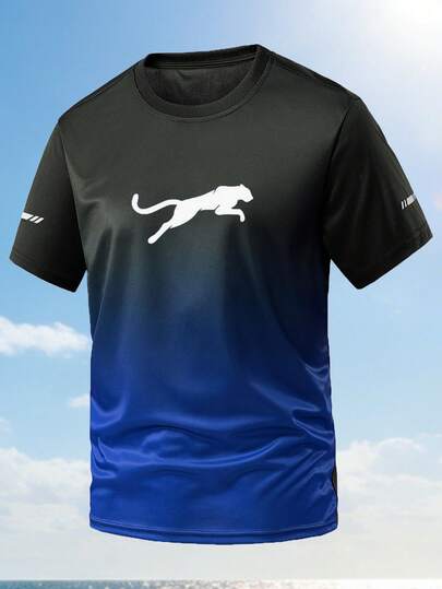 1pc Men's Quick-Dry Gradient 3D Print Short Sleeve T-Shirt, Breathable Sports Outdoor Top, Suitable For Spring/Summer