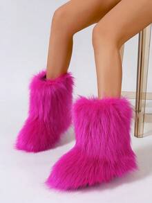 Women's Faux Fur Boot Furry Fluffy Round Toe Suede Winter Comfy Plush Warm Short Outdoor Indoor Flat Shoes Mid-Calf Boots Fashion Boots - 粉色 - 查看 4