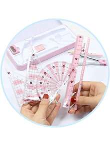 Juego De Lápices De Regla De 8 Piezas,Kit de geometría matemática, de transportador de 8 piezas para suministros de estudiantes,Regla De Dibujo De, para estudiantes en hogar (Rosa),40946022 - Rosa coral - Ver 5