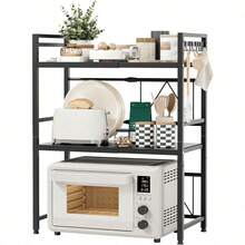 Expandable Microwave Shelf,3 Tier Microwave Stand With 8 Hooks,Air Fryer Shelf Stand,Microwave Oven Rack, Desktop Printer Shelf Rack, Bakers Rack,Kitchen Countertop Organiser Shelves - 3 Tier-black - View 1