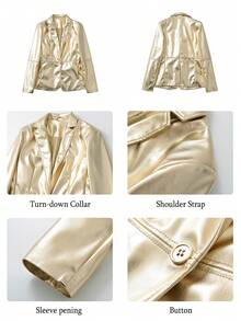 女士仿皮西装外套，长袖衬衫式翻领纽扣外套 - 燙金色 - 查看 5