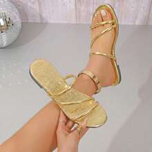 女士金色平底凉鞋，鳄鱼纹压花一脚蹬拖鞋，休闲露趾夏季海滩度假必备单品 - 金色 - 查看 14