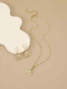 1pc Fashionable Full Cubic Zirconia Crown Pumpkin Carriage Pendant Stainless Steel Necklace For Women, 1 Pair Fashionable Full Cubic Zirconia Crown Pumpkin Carriage Pendant Stainless Steel Earrings, Gold Necklace, Gold Earrings, Gold Jewelry, Women's Jewelry, Summer, Beach, Valentine's Day, Carnival, Birthday Gift, Gift For Lover, Gift For Friend - Yellow Gold - View 3