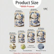 2D Flat, Vintage Floral Teacup Wall Art - Elegant White & Blue Floral Cup Painting In Beige Background - Framed Canvas Print Living Room, Bedroom, Office Decor - Housewarming, Birthday, Wedding, - Classic Home Decoration - Easy Hanging Indoor Decoration, Bedroom Artwork, Artistic Design, Durable Artwork, Decorative Sign, Interior Designers, 2D Flat - Framed - View 2