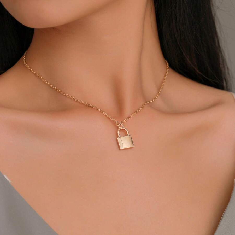 Minimalist Silver Padlock Pendant Necklace | Dainty Lock Charm Choker For Women |  Minimalist Jewelry Gift - 銀色 - 查看 1