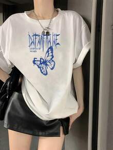 Women's Round Neck Short Sleeve T-Shirt, New Summer Butterfly Pattern And Letter Print, Fashionable Casual Versatile Loose Top - White - View 1