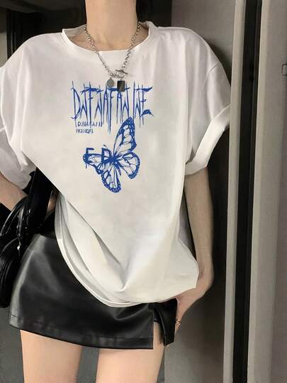 Women's Round Neck Short Sleeve T-Shirt, New Summer Butterfly Pattern And Letter Print, Fashionable Casual Versatile Loose Top
