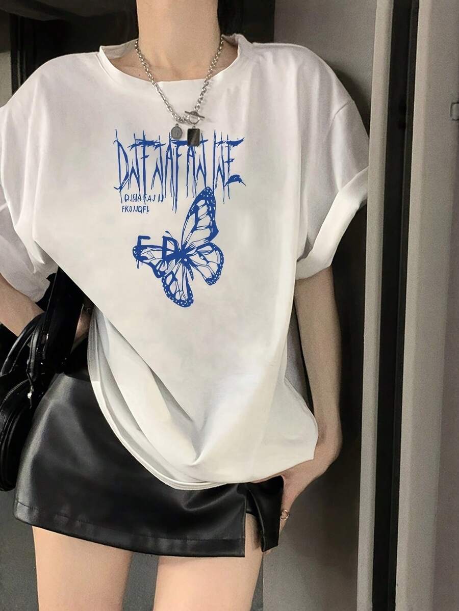 Women's Round Neck Short Sleeve T-Shirt, New Summer Butterfly Pattern And Letter Print, Fashionable Casual Versatile Loose Top - White - View 1