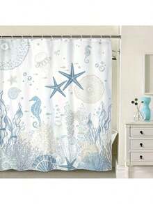 1pc Ocean Theme Shower Curtain, Featuring Starfish, Coral, Jellyfish, Underwater Creatures, Seahorse, Seashells, And Plants, Non-Sheer, Comes With Plastic Hooks, Suitable For Home And Hotel, Machine Washable, All-Season, Ideal Bathroom Accessory For Back-To-School Season - 彩色 - 查看 3