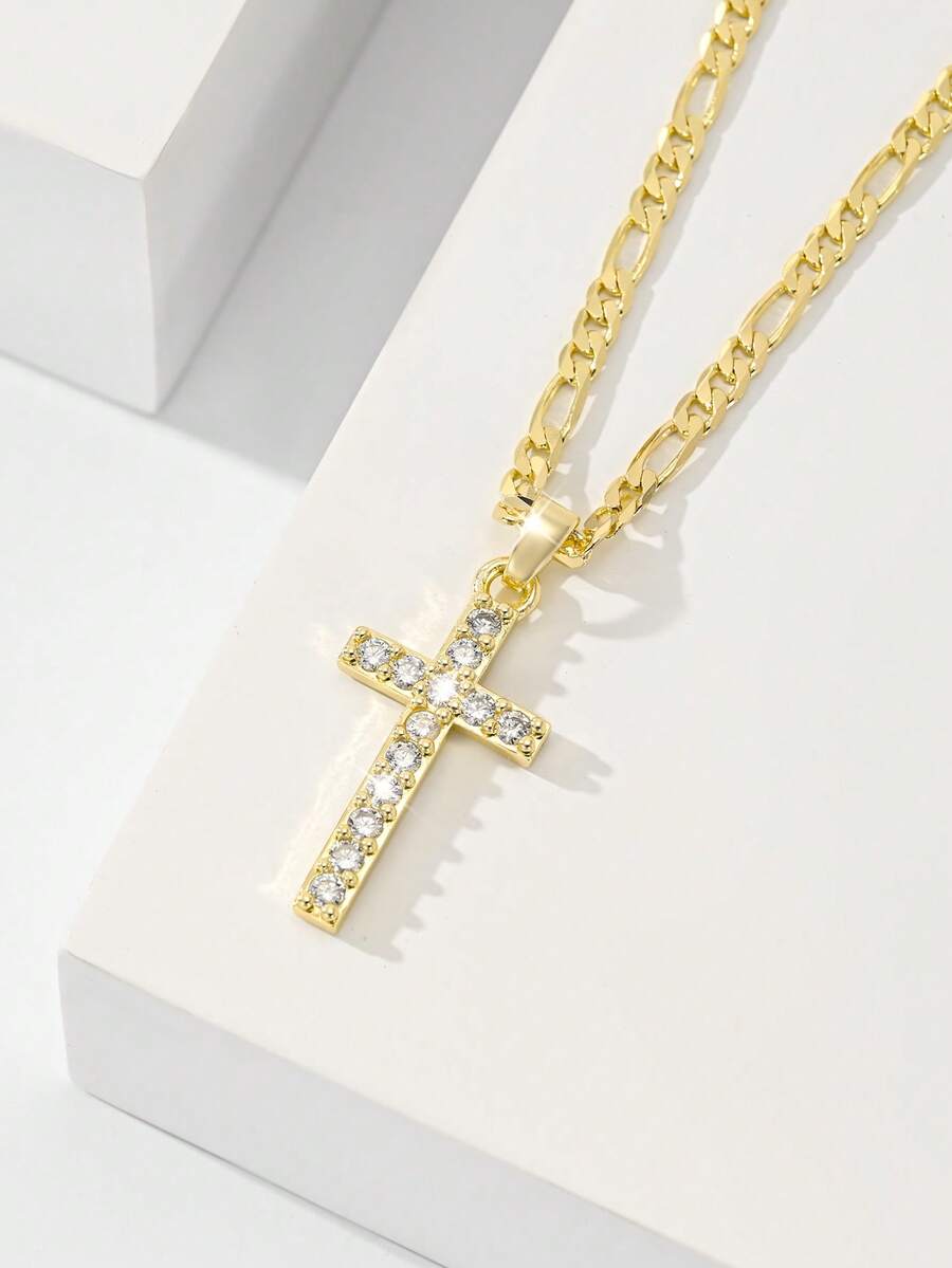 1pc European & American Classic Copper Inlaid Zirconia Cross Pendant Necklace, Limited Edition "Light Of Protection", Suitable As Gift For Christmas, Thanksgiving, Halloween, Mother's Day, Valentine's Day, Friends, Communion, Daily Wear & Prayer - Yellow Gold - View 1
