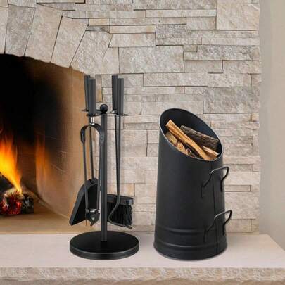 5pc Fireplace Companion Set With Large Coal Bucket Heavy Duty Metal Bucket Companion Sets For Log Burners Fireplace Tool Set Black Powder Coated Buckets Fireside Accessories