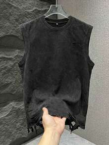 Men's Summer Casual Distressed Hem Tank Top - Black - View 1