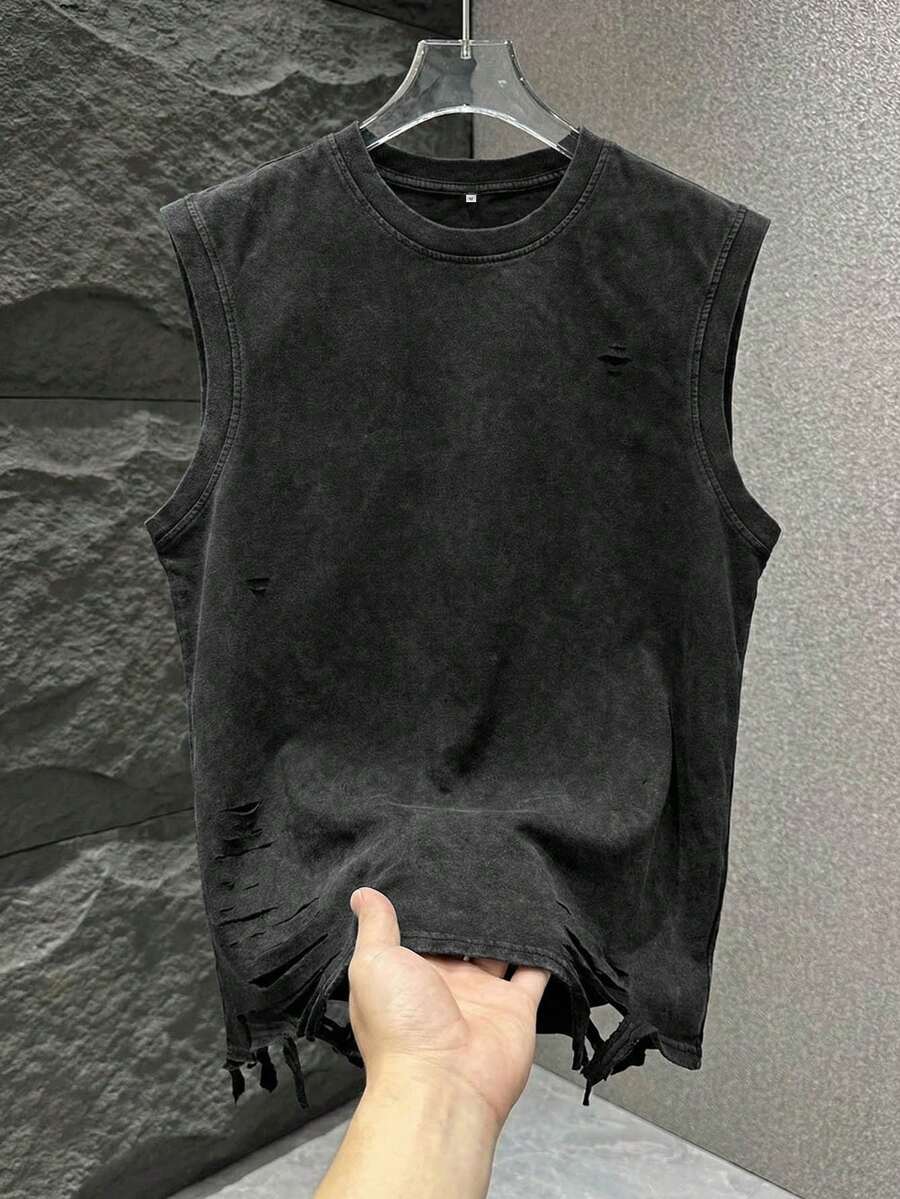 Men's Summer Casual Distressed Hem Tank Top - Black - View 1
