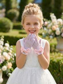 1 Pair Children's Elastic Mesh Gloves With Silk Bow, Suitable For 4-12 Years Old, White - 1Pair - View 9
